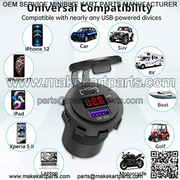12V USB C Car Charger Socket, Ouffun Dual PD & QC 3.0 Ports 12V USB Car Outlet Adapter with Button Switch, lPhone Fast Charger with 23.7 Inches Wire for Car Boat Marine Bus Golf Cart RV Motorcycle - Image 3
